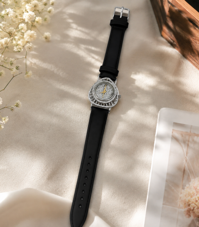 CZ Watch Black Leather Strap Round Elegant Fashion Dress Watch