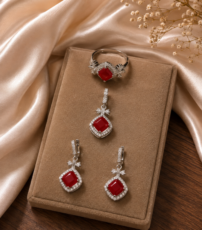 Red Ruby 925 Sterling Silver Ring, Pendant & Earrings Set