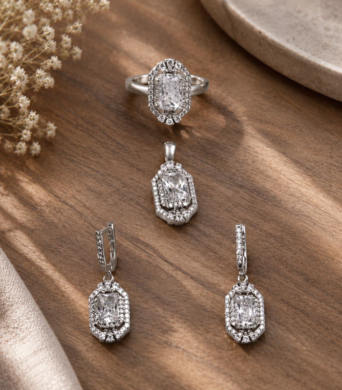 CZ Diamond Rectangle-Cut Ring, Pendant & Earrings Set in 925 Sterling Silver