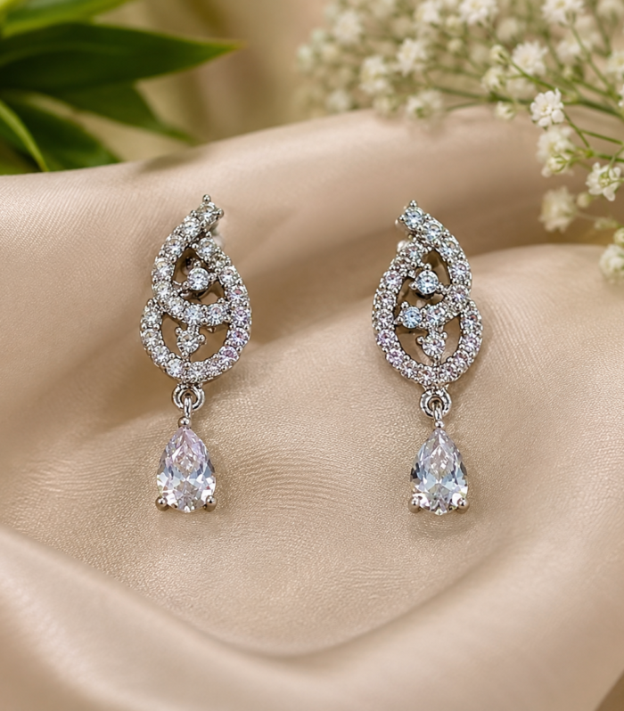 CZ 925 Sterling Silver Double Teardrop Openwork Dangle Stud Earrings