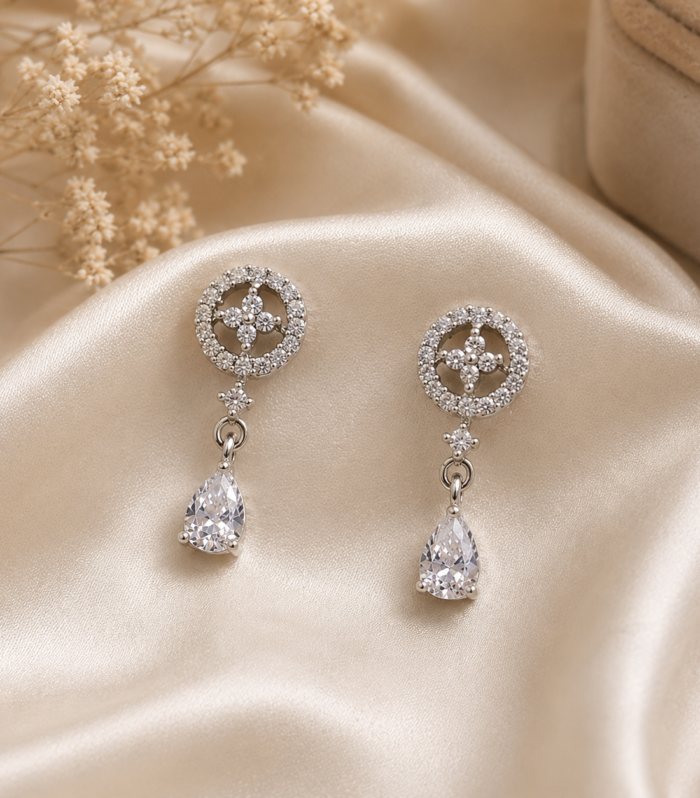 CZ 925 Sterling Silver Round Floral Teardrop Drop Stud Earrings