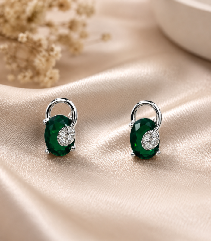 Sterling Silver Drop Earrings with CZ Accent Emerald Green Stud Women’s Jewelry