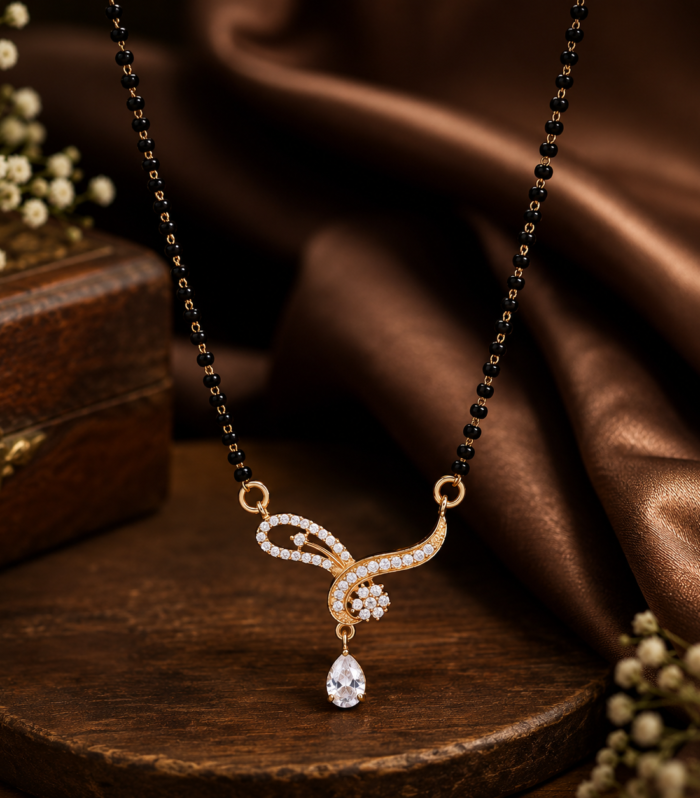 Elegant Curved 925 Sterling Silver White CZ Mangalsutra