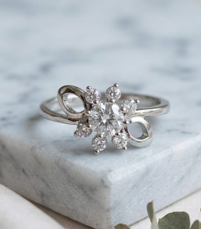Elegant 925 Sterling Silver Floral Cluster Ring with Round Cut Cubic Zirconia Stones