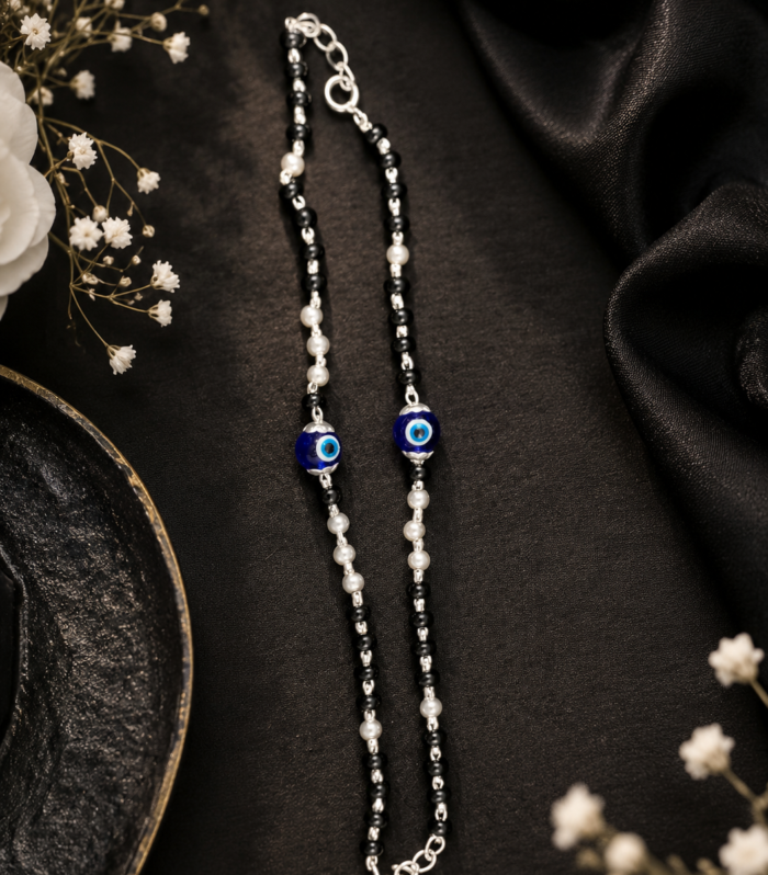 Black Bead & White Pearl Evil Eye Nazaria Necklace in 925 Sterling Silver