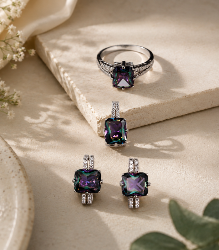 Mystic Purple Green Stone 925 Sterling Silver Ring, Pendant & Earrings Set