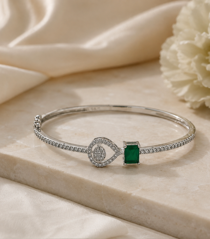 925 Sterling Silver Green Emerald Cut Bangle