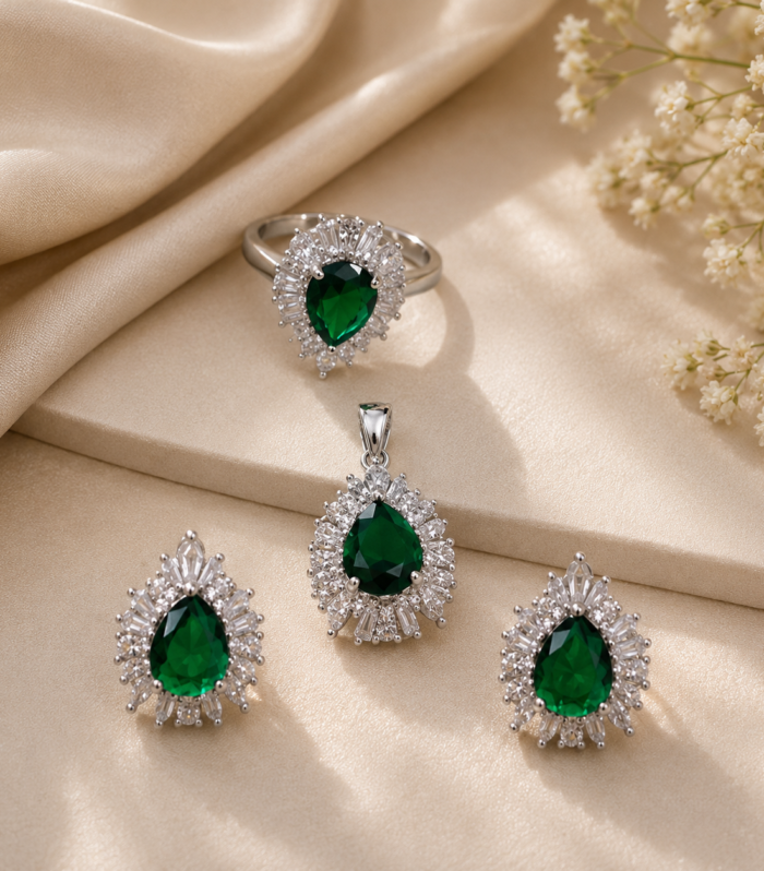 Emerald Green Teardrop Pendant & Earrings Set in 925 Sterling Silver – Halo Birthstone Jewelry