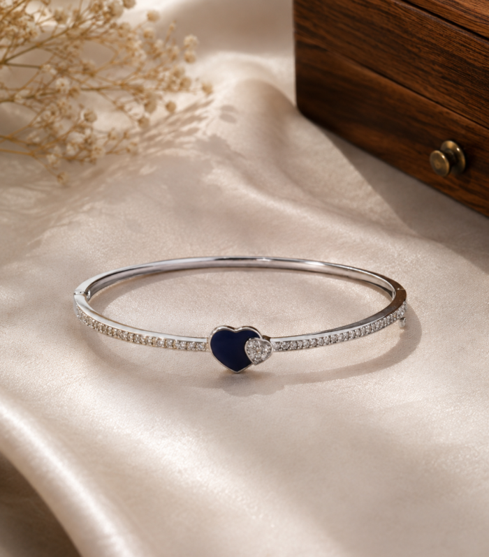 Blue Heart Stone & CZ Bangle 925 Sterling Silver