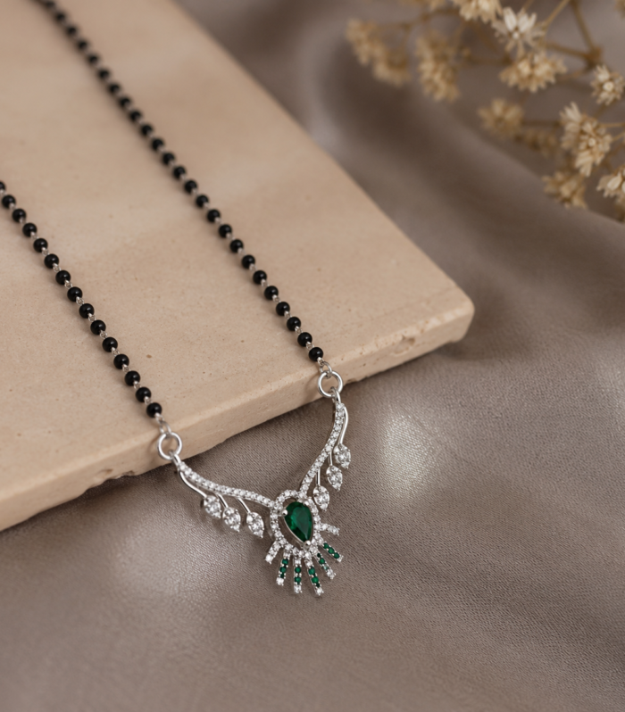 Pear Cut 925 Sterling Silver Emerald Mangalsutra Necklace