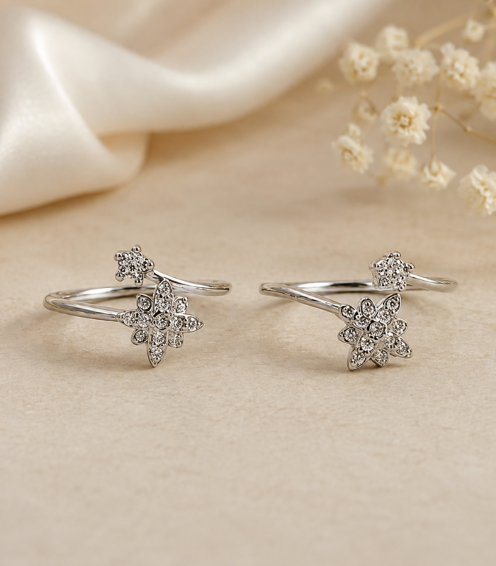 925 Sterling Silver CZ Flower Adjustable Toe Ring Floral Open Band