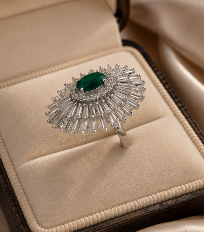 Emerald & CZ Baguette Halo Sunburst Party Wear Ring