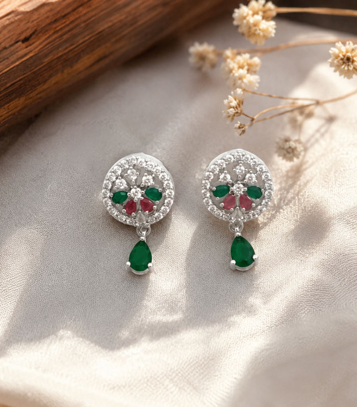 Emerald Ruby CZ 925 Sterling Silver Floral Pear Cut Drop Stud Earrings