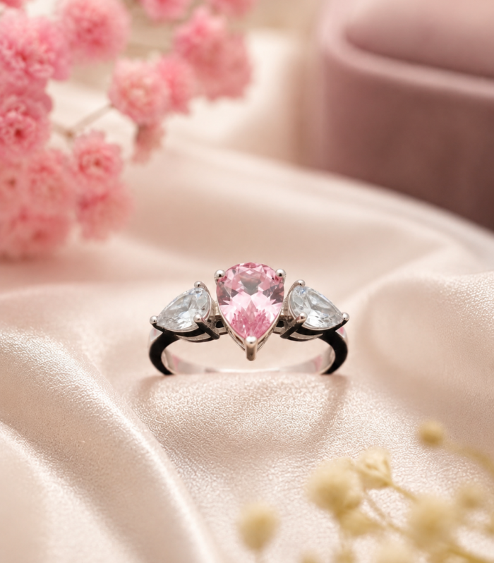 Pink Sapphire Pear Three Stone Ring