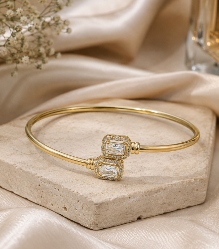 925 Sterling Silver Double Square CZ Bangle