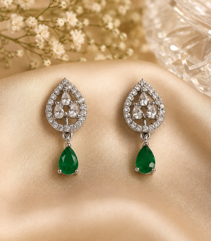 Teardrop Floral Dangle Stud Earrings Emerald CZ 925 Sterling Silver