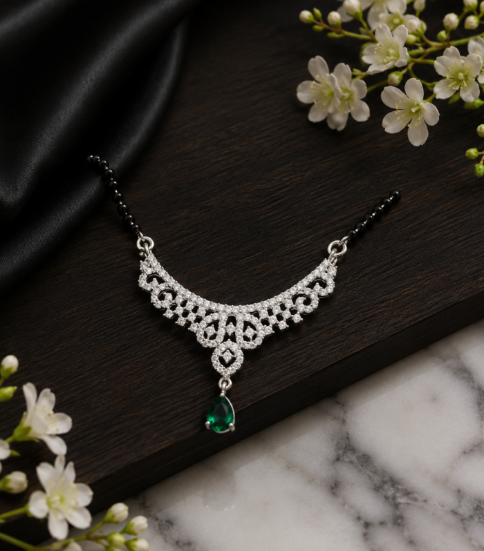 Traditional Look 925 Sterling Silver Emerald Drop Mangalsutra