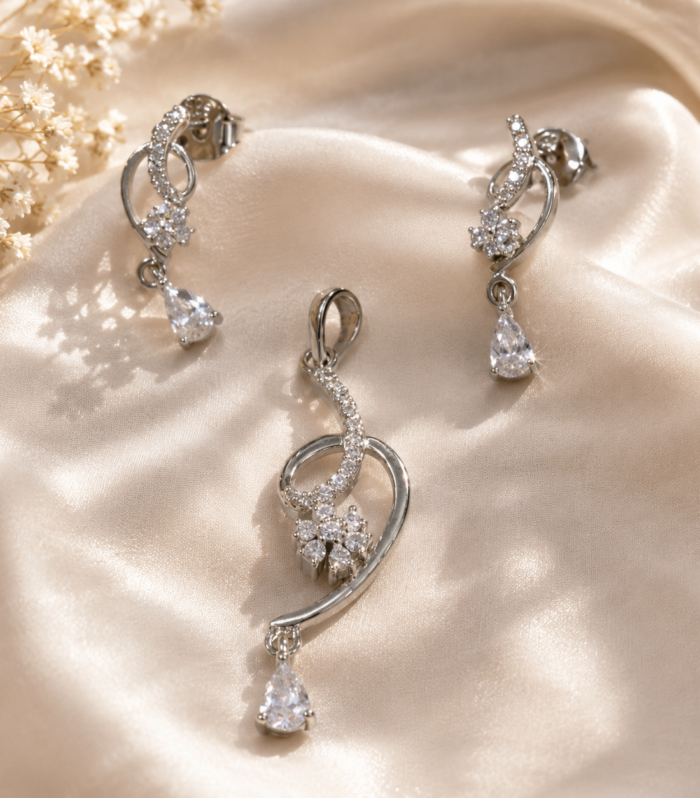 Sparkling Floral Pendant & Earrings Set