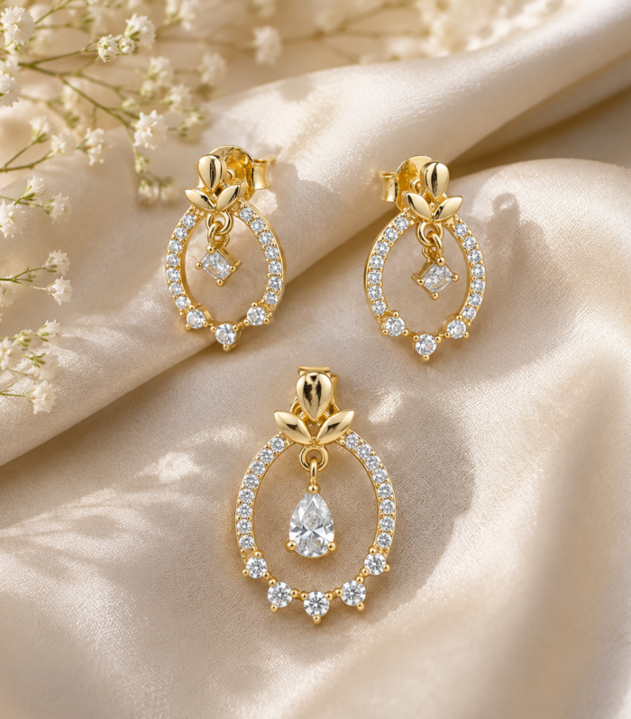 925 Sterling Silver Golden Leaf Halo CZ Pendant & Earrings