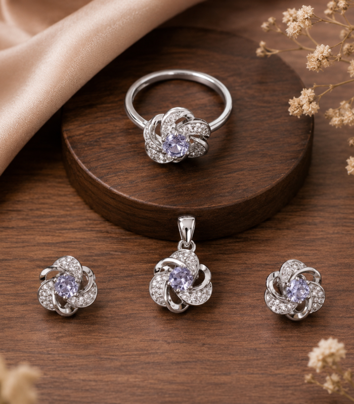 Amethyst Flower Knot Ring Pendant & Earrings Set in 925 Sterling Silver with CZ Accents