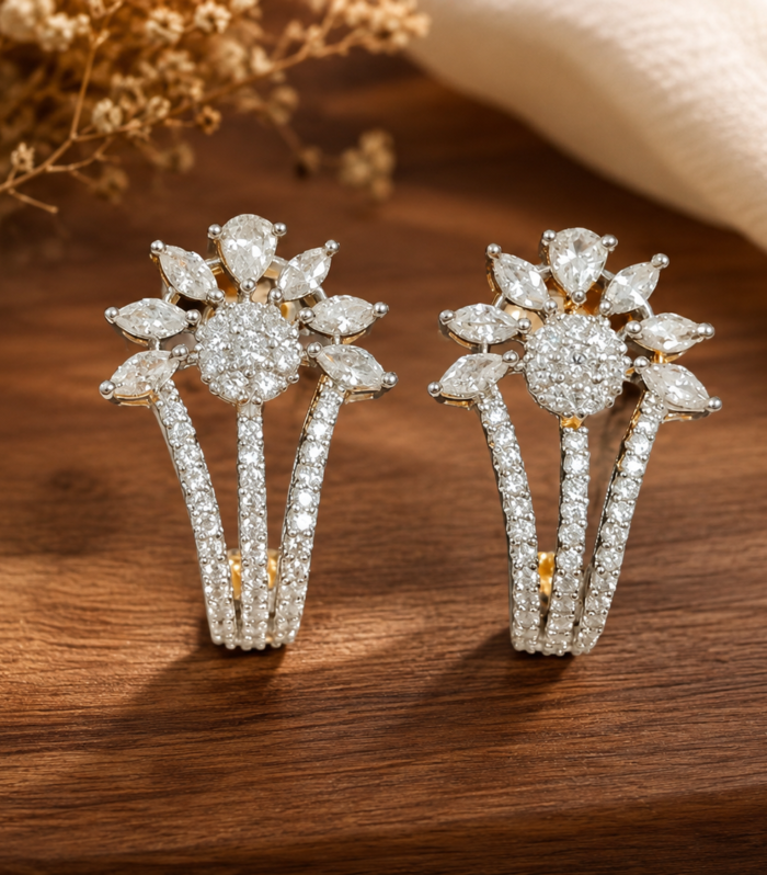 Floral CZ 925 Sterling Silver Flower Stud Earrings Elegant Botanical Jewelry
