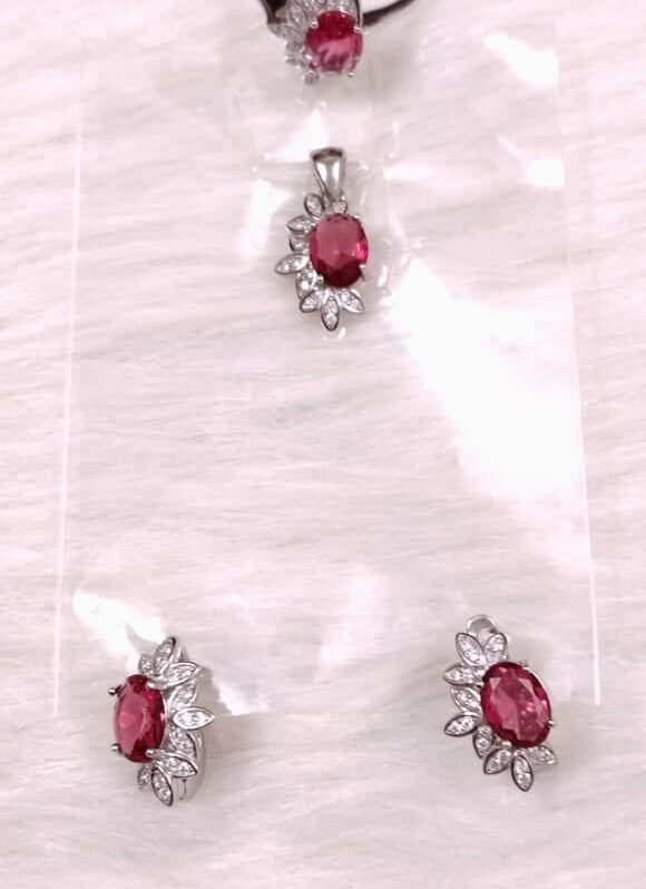 925 Sterling Silver Pink Ruby Pendant, Earrings & Ring Set for Women Floral Jewelry