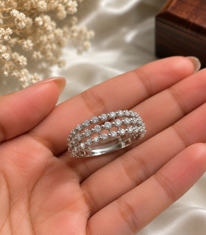 Three Row Statement Ring Sparkling Wedding Band