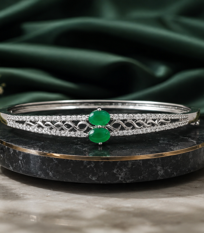 Emerald Green Stone 925 Sterling Silver CZ Bangle
