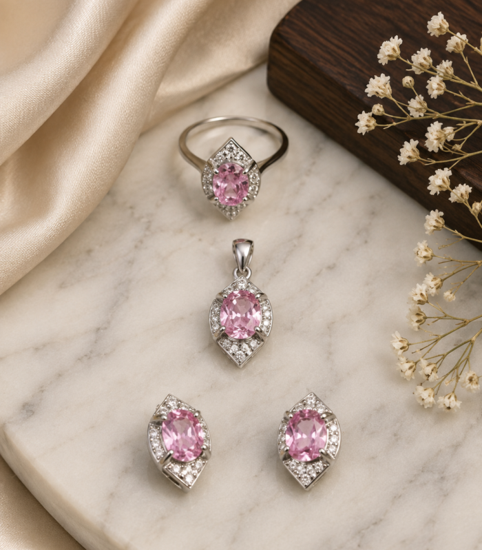 Pink Sapphire Oval & Round Cut 925 Sterling Silver Jewelry Set Gift for Bride