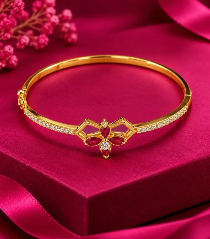 Ruby Red CZ Floral Bangle in 925 Sterling Silver, Gold Tone Geometric Bracelet for Women