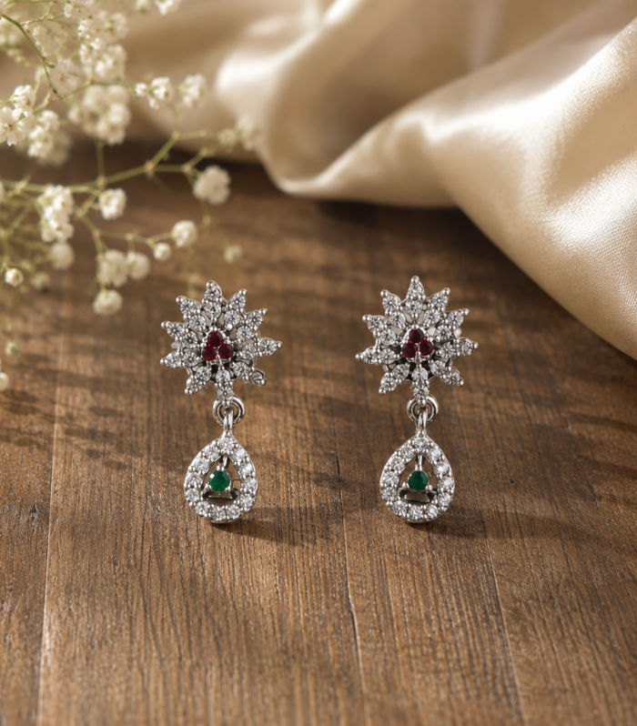 Emerald Ruby CZ 925 Sterling Silver Floral Pear Cut Drop Stud Earrings