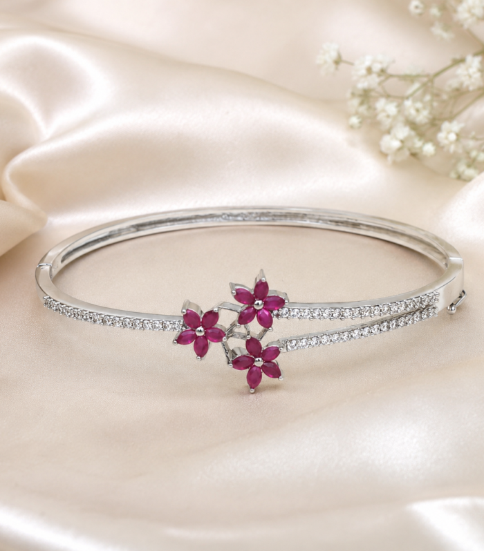 Ruby Floral Bangle with Cubic Zirconia Accents