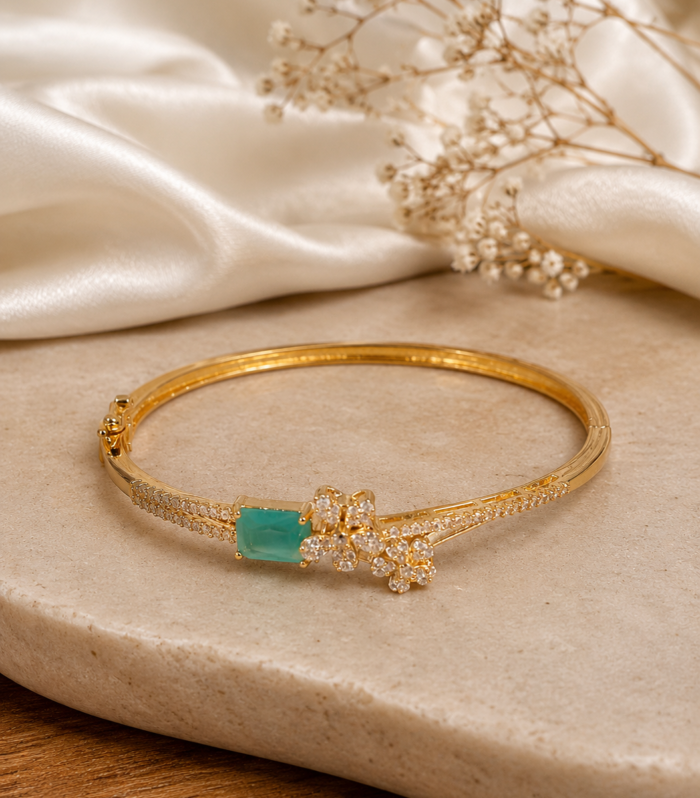 M Green Emerald Cut Bangle with CZ Floral Accents 925 Sterling Silver