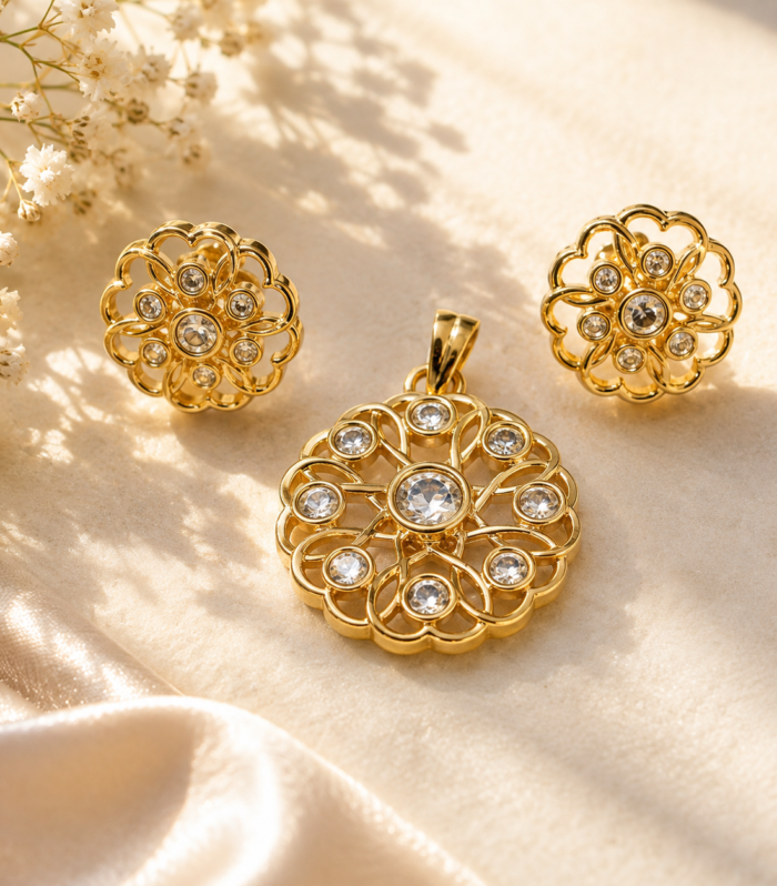 Pretty Golden Floral CZ Pendant & Earrings Set