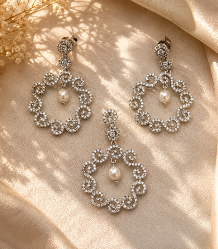 Classy Filigree Pendant Earrings Set with classic pearl accents