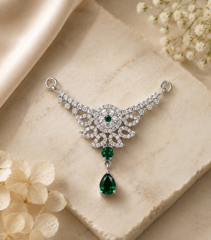 Green Emerald Drop 925 Sterling Silver Mangalsutra Traditional Wedding Jewelry