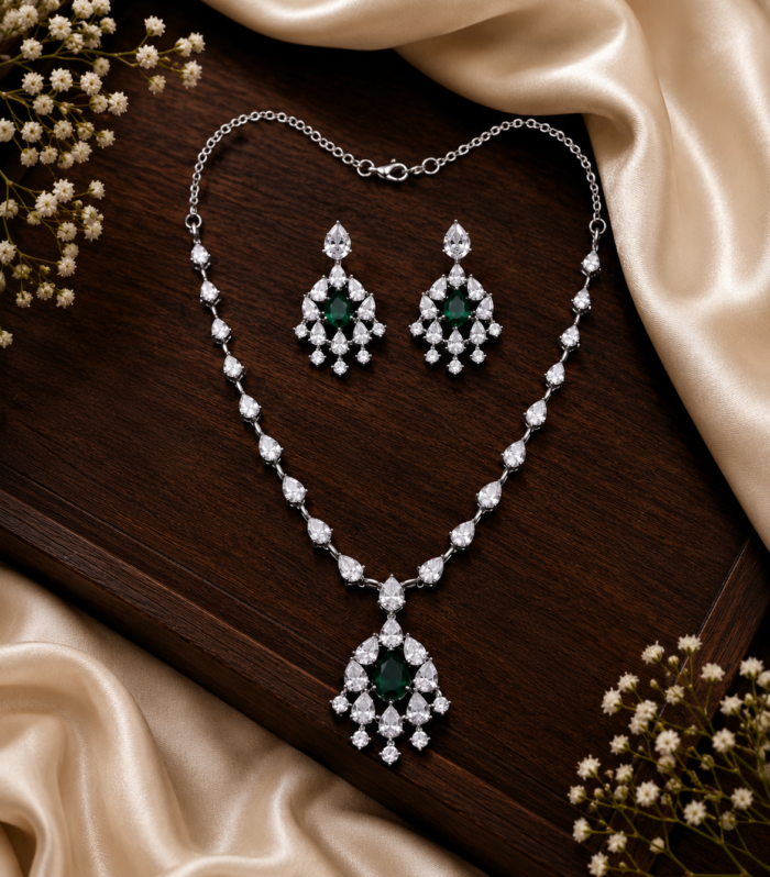 Elegant Emerald & CZ Teardrop Necklace and Earrings Set