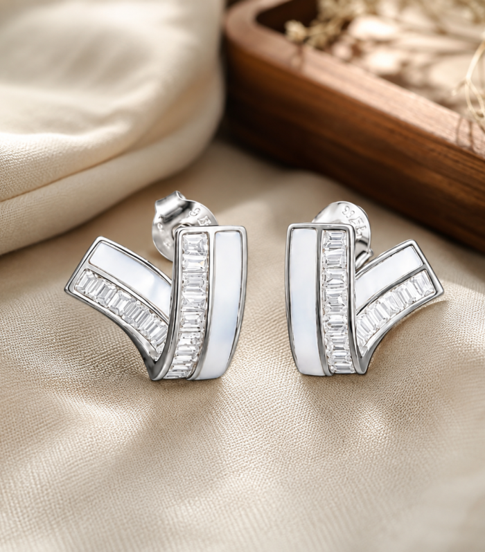 V-Shaped Stud Earrings 925 Sterling Silver CZ Geometric Design