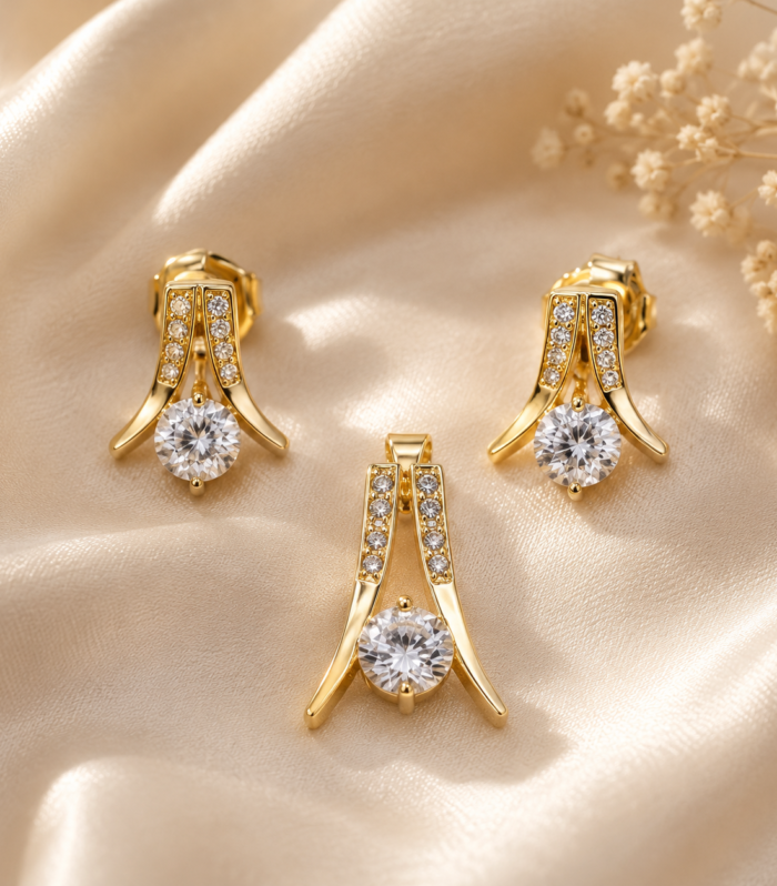 Graceful Golden Drop CZ Pendant & Earrings Set