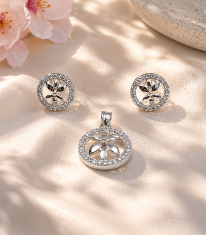 Floral Circle Pendant & Earrings Set