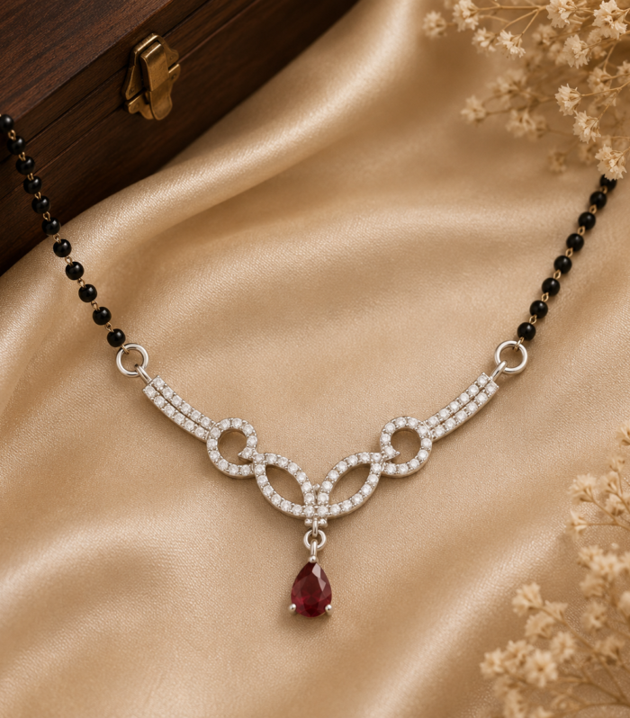 925 Sterling Silver Ruby Leaf Pattern Mangalsutra with Pear-Shaped Drop