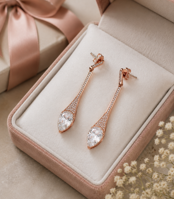 CZ Paved Long Dangle Pear CZ Earrings 925 Sterling Silver Jewelry