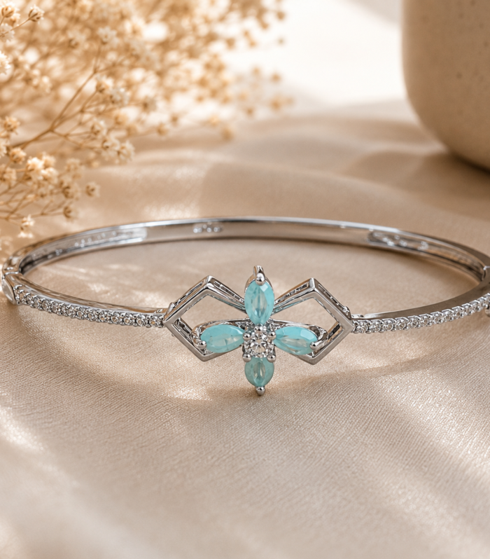 Mint Green Stone Floral Bangle in 925 Sterling Silver