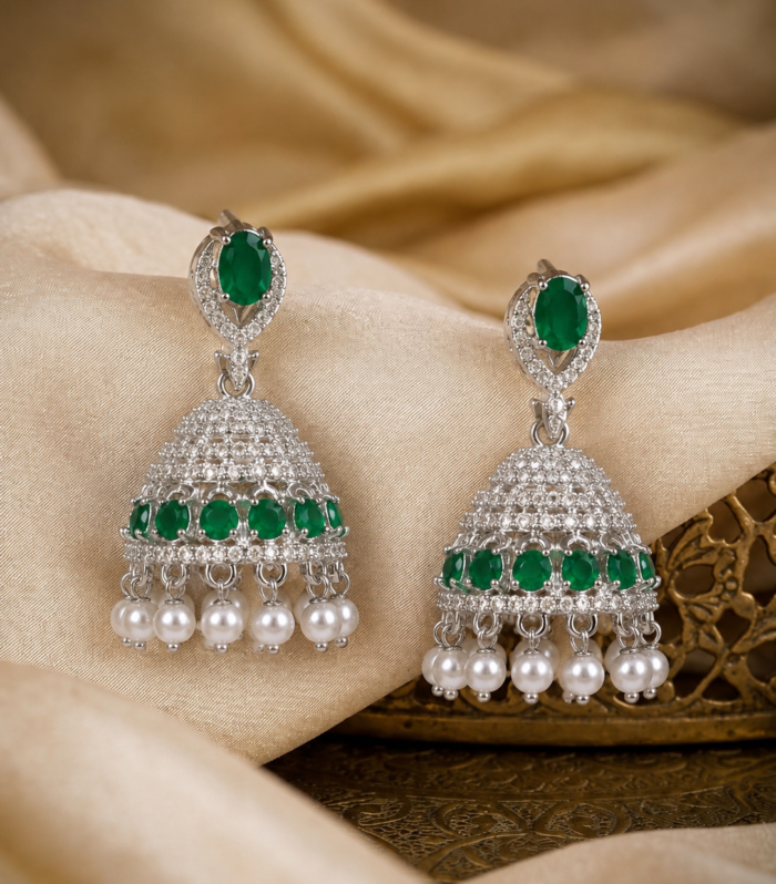 925 Sterling Silver Green Emerald CZ Pearl Drop Jhumkha Earrings