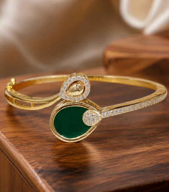 925 Sterling Silver Gold Plated Green Emerald & Cubic Zirconia Designer Bangle