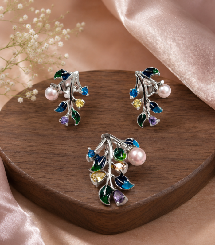 Mother of Pearl Floral 925 Sterling Silver Jewelry Set