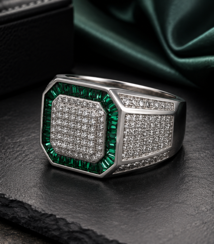 925 Sterling Silver Men's Green Emerald & CZ Octagonal Statement Ring