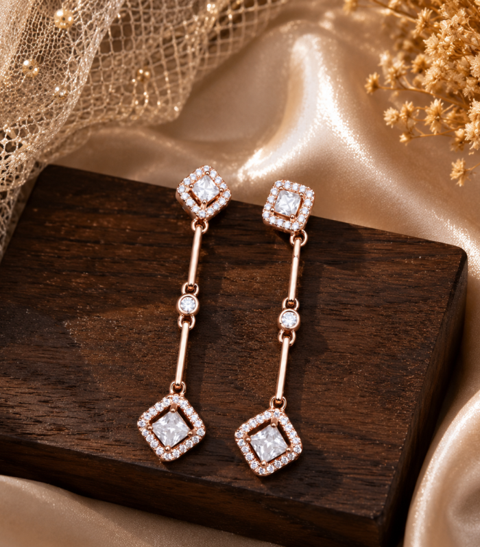 Geometric Long Drop Earrings 925 Sterling Silver CZ Dangle