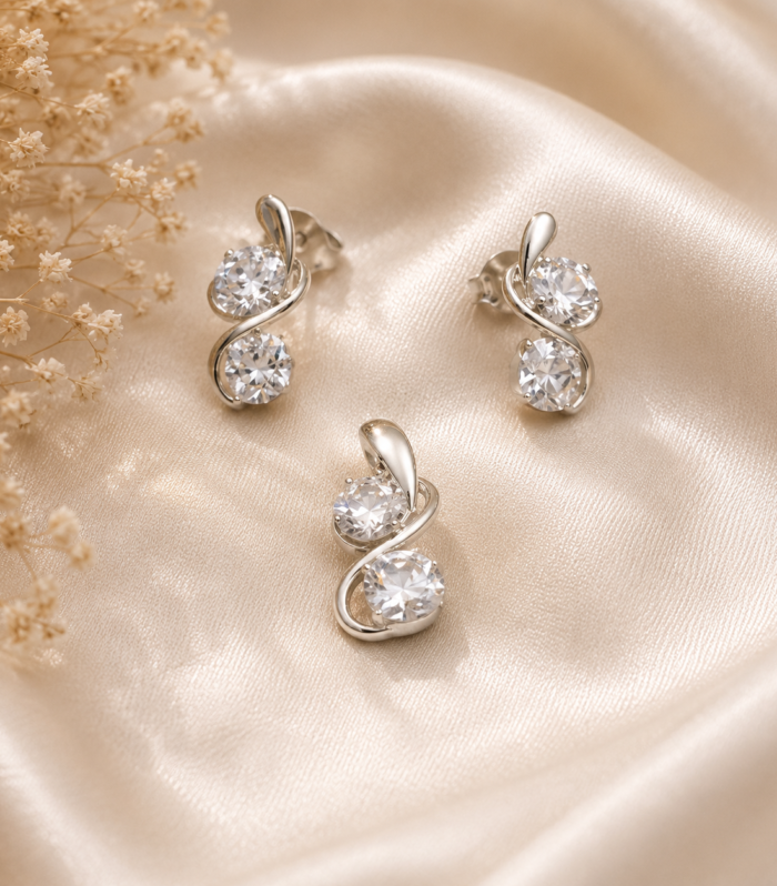 925 Sterling Silver Double Round Cut Twist Pendant & Earrings