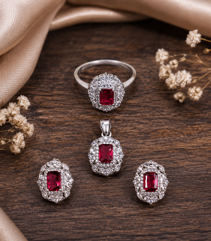 Ruby Rectangle-Cut Ring, Pendant & Earrings Set in 925 Sterling Silver